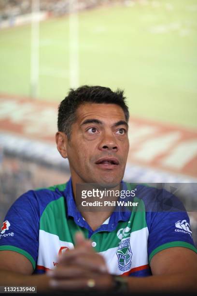 Warriors coach Stephen Kearney speaks to media during a Warriors media conference at Mount Smart Stadium on February 26, 2019 in Auckland, New...