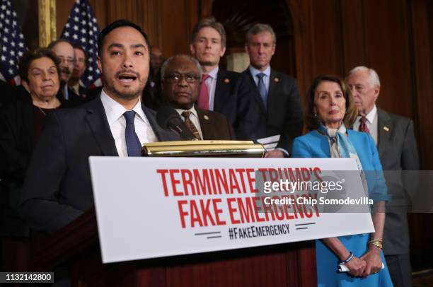 Rep. Joaquin Castro speaks during a news conference about the resolution he has sponsored to terminate President Donald Trump's emergency declaration...