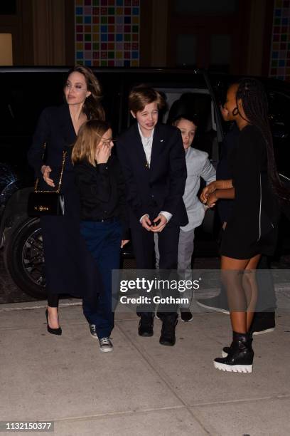 Angelina Jolie and her children attend a screening of 'The Boy Who Harnessed the Wind' in SoHo on February 25, 2019 in New York City.