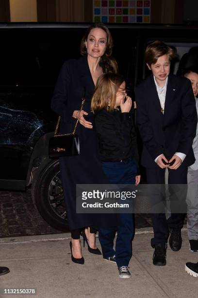 Angelina Jolie and her children attend a screening of 'The Boy Who Harnessed the Wind' in SoHo on February 25, 2019 in New York City.