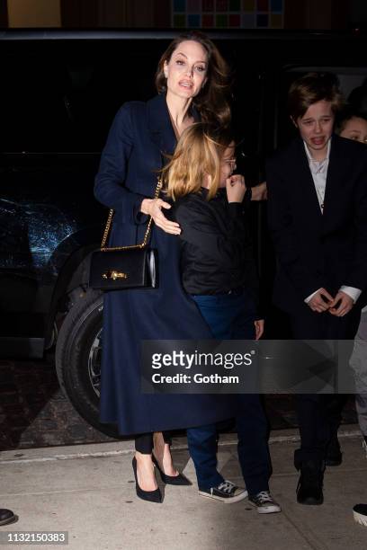 Angelina Jolie and her children attend a screening of 'The Boy Who Harnessed the Wind' in SoHo on February 25, 2019 in New York City.