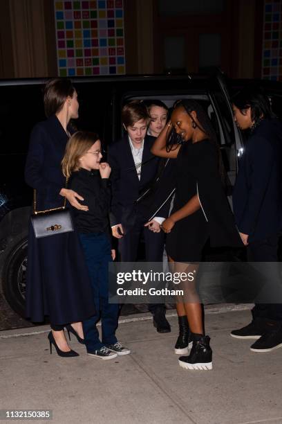 Angelina Jolie and her children attend a screening of 'The Boy Who Harnessed the Wind' in SoHo on February 25, 2019 in New York City.