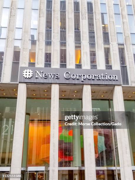 Sign on facade at entrance to office of News Corporation, parent company of Fox News, in Manhattan, New York City, New York, February 6, 2019.