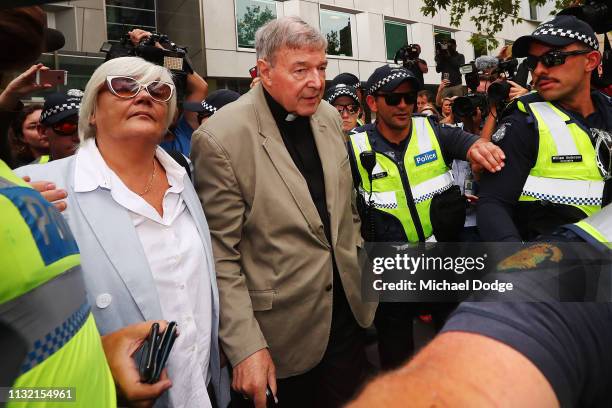 Cardinal George Pell leaves County Court on February 26, 2019 in Melbourne, Australia. Pell, once the third most powerful man in the Vatican and...