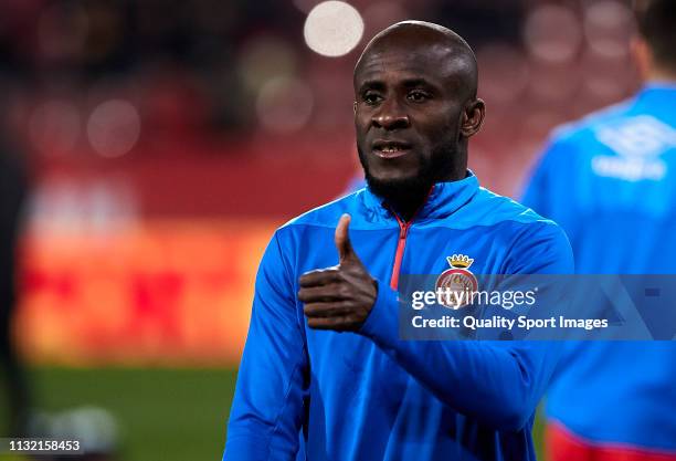 Seydou Doumbia of Girona FC looks on during the prematch warm up before the La Liga match between Girona FC and Real Sociedad at Montilivi Stadium on...