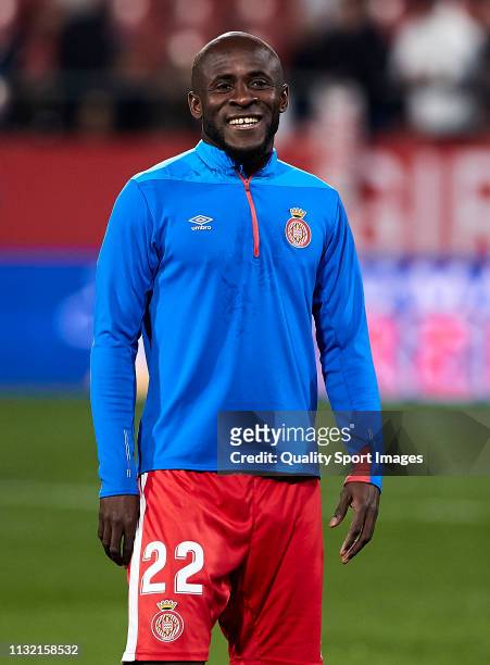 Seydou Doumbia of Girona FC looks on during the prematch warm up before the La Liga match between Girona FC and Real Sociedad at Montilivi Stadium on...