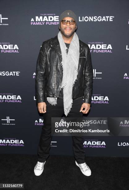 Tyler Perry attends a screening for Tyler Perry's "A Madea Family Funeral at SVA Theater on February 25, 2019 in New York City.