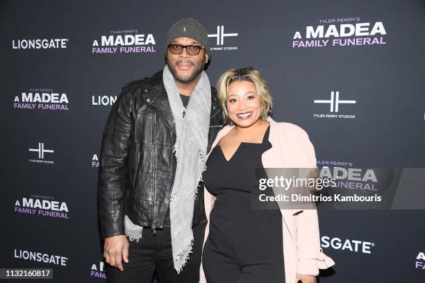 Tyler Perry and guest attend a screening for Tyler Perry's "A Madea Family Funeral at SVA Theater on February 25, 2019 in New York City.