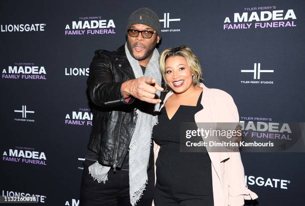 Tyler Perry and guest attend a screening for Tyler Perry's "A Madea Family Funeral at SVA Theater on February 25, 2019 in New York City.