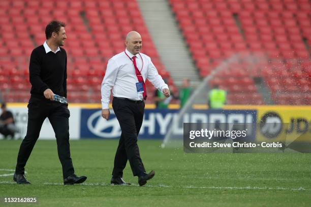 Perth Glory coach Tony Popovic and Western Sydney Wanderers CEO John Tsatsimas chat prior to the round 20 A-League match between Western Sydney...