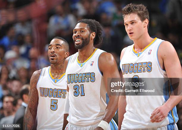 Smith, Nene Hilario and Danilo Gallinari of the Denver Nuggets react after a play against the Oklahoma City Thunder in Game Four of the Western...