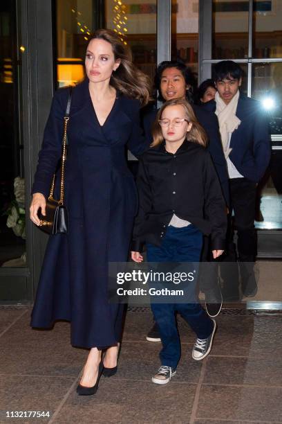 Angelina Jolie and her children attend a screening of 'The Boy Who Harnessed the Wind' in SoHo on February 25, 2019 in New York City.