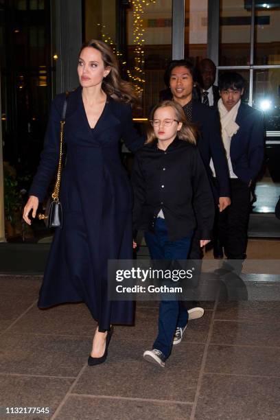 Angelina Jolie and her children attend a screening of 'The Boy Who Harnessed the Wind' in SoHo on February 25, 2019 in New York City.