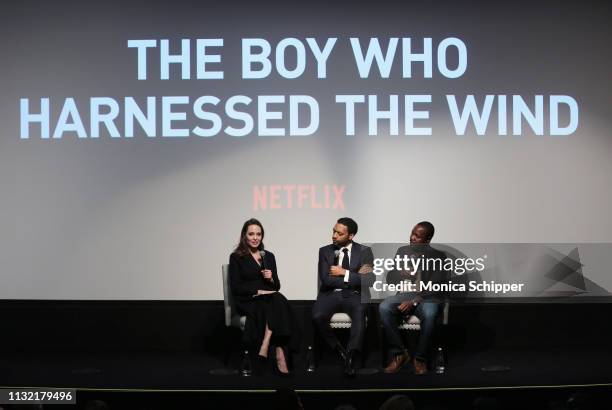 Director Chiwetel Ejiofor, host Angelina Jolie and book author William Kamkwamba attend "The Boy Who Harnessed The Wind" Special Screening at Crosby...