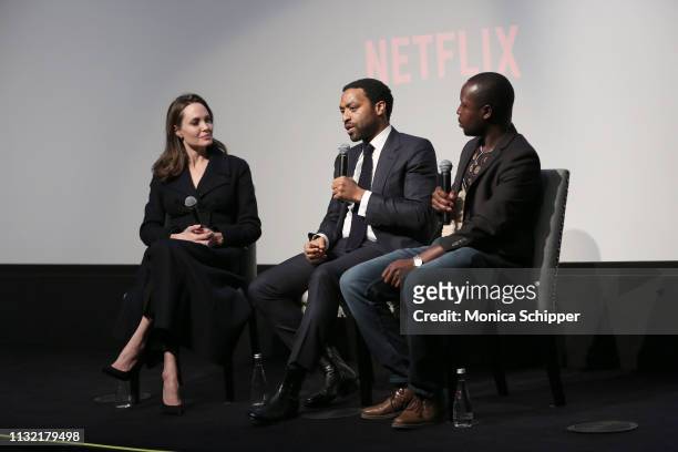 Director Chiwetel Ejiofor, host Angelina Jolie and book author William Kamkwamba attend "The Boy Who Harnessed The Wind" Special Screening at Crosby...