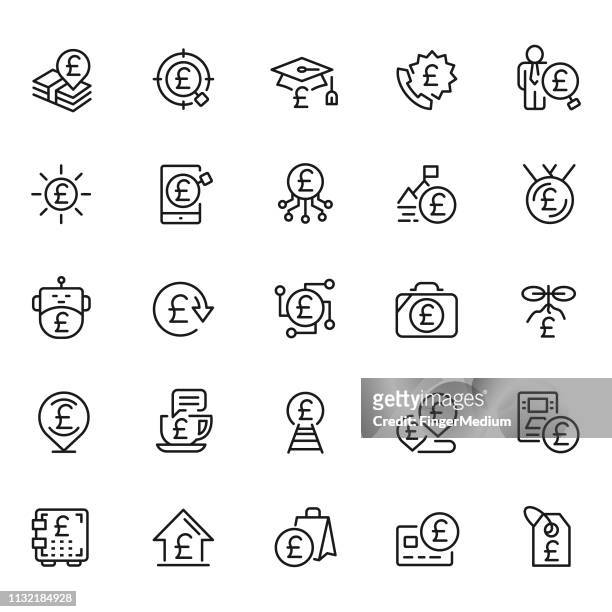pound icon set - british currency stock illustrations