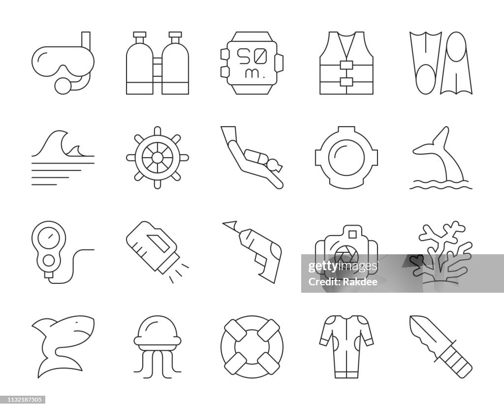 Scuba Diving and Snorkeling - Thin Line Icons