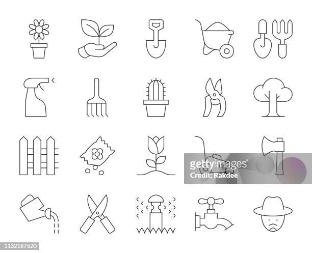 gärtnern-dünn-line icons - heugabel stock-grafiken, -clipart, -cartoons und -symbole