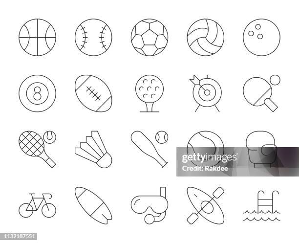 ilustraciones, imágenes clip art, dibujos animados e iconos de stock de iconos de líneas finas y deportivas - badminton racket