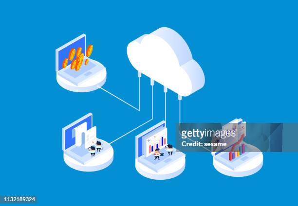 cloud-technologie und datenanalyse - cloud computing stock-grafiken, -clipart, -cartoons und -symbole