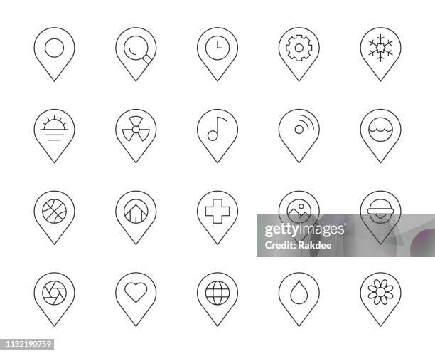 illustrazioni stock, clip art, cartoni animati e icone di tendenza di puntatore pin mappa - icone linea sottile - snow ball