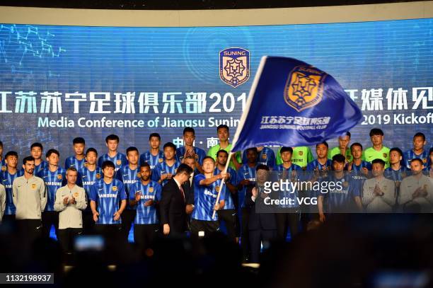 Players of Jiangsu Suning attend the Media Conference of Jiangsu Suning F.C. For the Season 2019 on February 26, 2019 in Nanjing, Jiangsu Province of...
