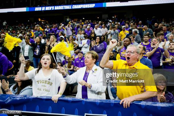 Tigers fans react during a game against the Maryland Terrapins at VyStar Veterans Memorial Arena on March 23, 2019 in Jacksonville, Florida.