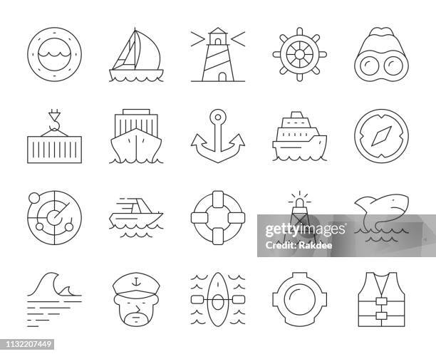 nautical und harbor-dünne linie icons - wassersportausrüstung stock-grafiken, -clipart, -cartoons und -symbole