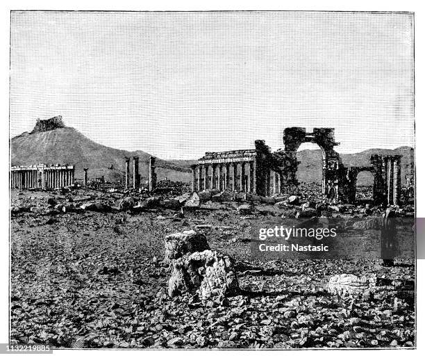 view of the rubble city palmyra - palmera stock illustrations