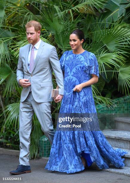 Prince Harry, Duke of Sussex and Meghan, Duchess of Sussex with King Mohammed VI of Morocco, during an audience at his residence on February 25, 2019...