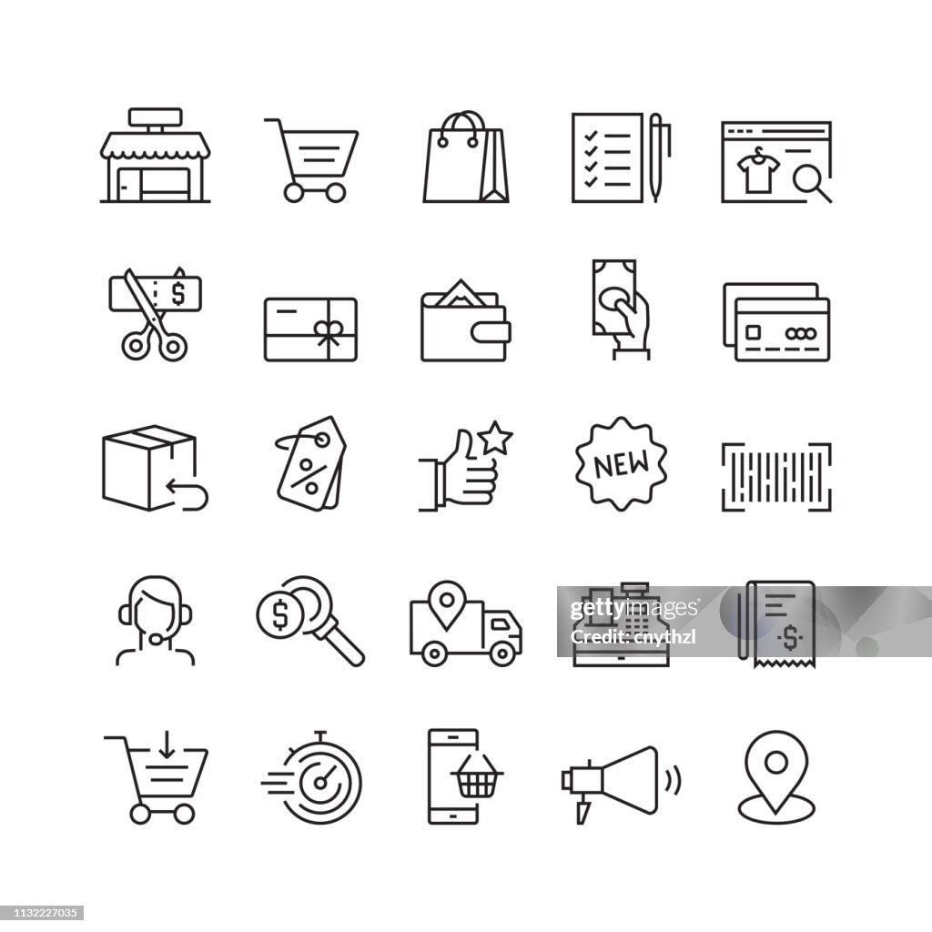 Iconos de líneas vectoriales relacionadas con compras y minoristas