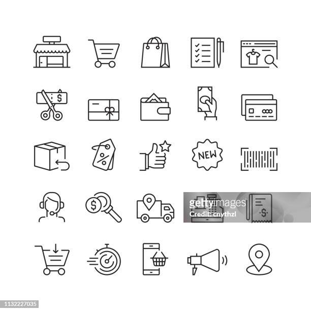 illustrazioni stock, clip art, cartoni animati e icone di tendenza di icone di linea vettoriali relative allo shopping e alla vendita al dettaglio - vendita al dettaglio