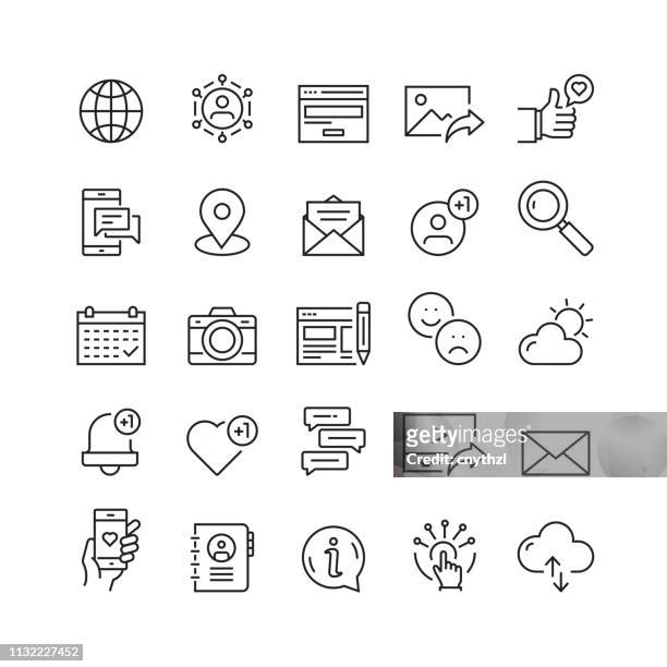 stockillustraties, clipart, cartoons en iconen met social media en sociale netwerk gerelateerde vector lijn iconen - social issues