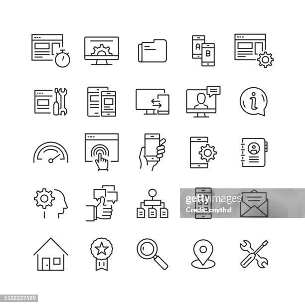 user experience related vector line icons - website wireframes stock illustrations