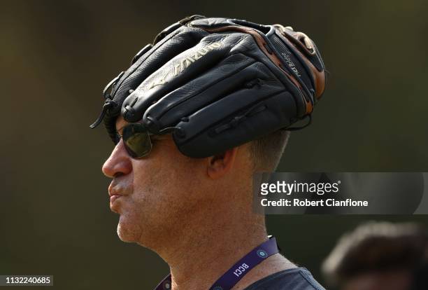 Former Australian cricketer Matthew Hayden looks on during an Australian training session ahead of game two of the T20I Series between India and...
