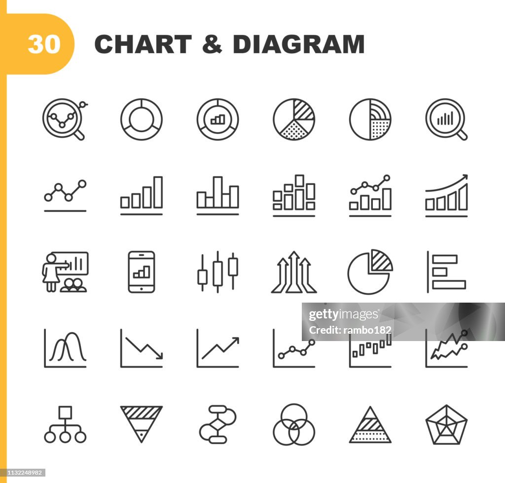 Chart und Diagramm Line Icons. Bearbeitbare Stroke. Pixel Perfect. Für Mobile und Web. Enthält solche Icons wie Big Data, Dashboard, Bar Graph, Börse, Infographic.