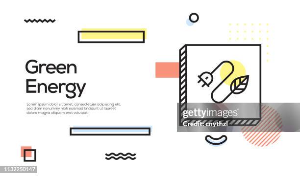 green energy concept. geometric retro style banner and poster concept with green energy icon - sky and trees green leaf illustration stock illustrations