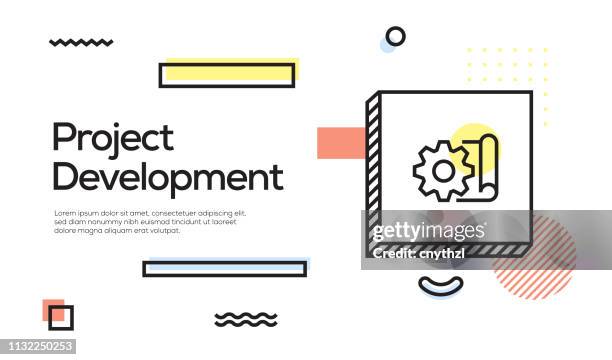 project development concept. geometric retro style banner and poster concept with project development icon - programming team stock illustrations
