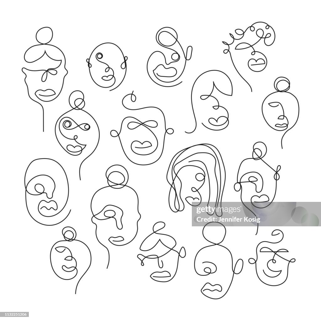 Set of one line face illustrations