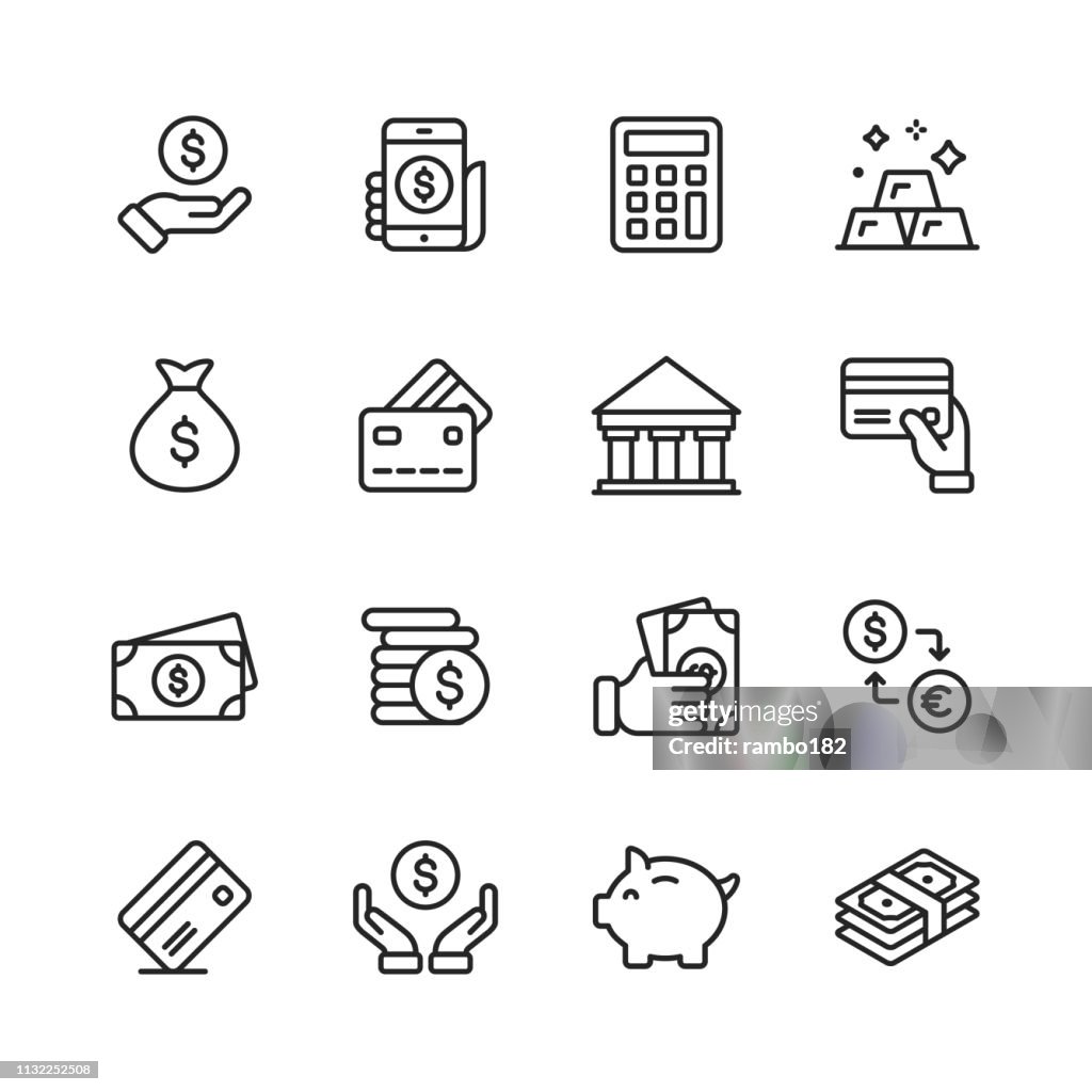 Iconos de línea de dinero y finanzas. Trazo editable. Pixel Perfect. Para móvil y Web. Contiene iconos como dinero, monedero, cambio de divisas, banca, finanzas.