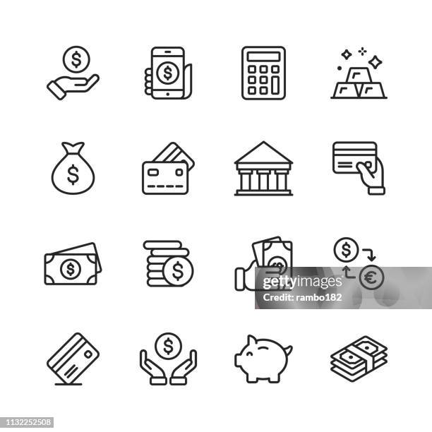 illustrations, cliparts, dessins animés et icônes de icônes d'argent et de ligne de financement. contour modifiable. pixel parfait. pour mobile et web. contient des icônes telles que l'argent, le portefeuille, le change, les banques, les finances. - achat