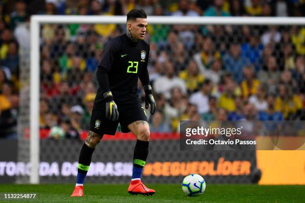 Ederson Moraes of Brazil in action during the international friendly match between Brazil and Panama at Estadio do Dragao on March 23, 2019 in Porto,...
