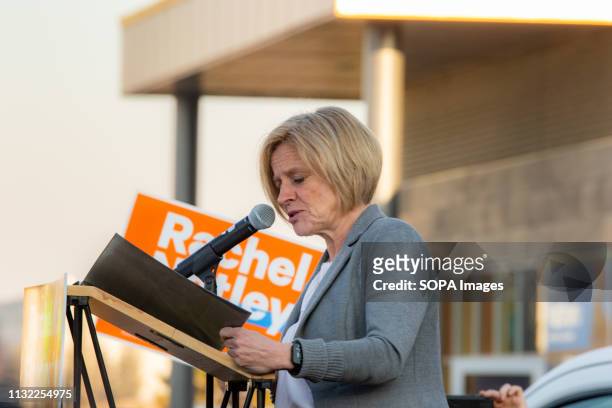 Alberta Premier, Rachel Notley seen speaking to supporters at the Campaign office of Jasvir Deol during the Alberta Provincial Election Campaign in...