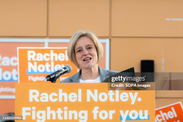 Alberta Premier, Rachel Notley seen speaking to supporters at the Campaign office of Jasvir Deol during the Alberta Provincial Election Campaign in...