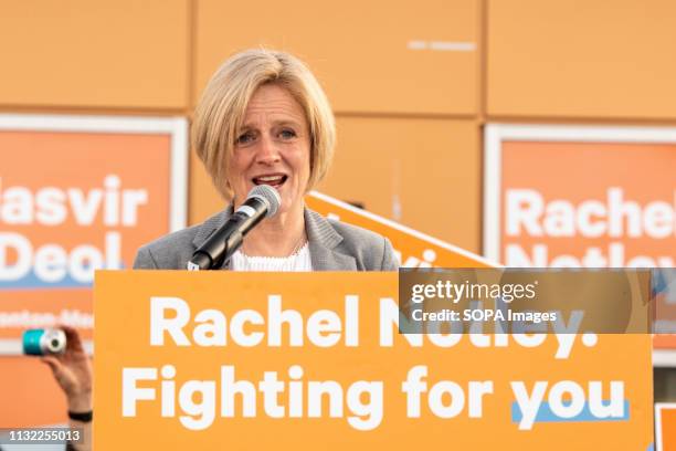 Alberta Premier, Rachel Notley seen speaking to supporters at the Campaign office of Jasvir Deol during the Alberta Provincial Election Campaign in...