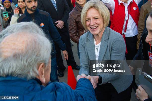 Alberta Premier, Rachel Notley seen shaking hands with a supporters at the Campaign office of Jasvir Deol during the Alberta Provincial Election...