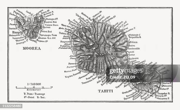 illustrazioni stock, clip art, cartoni animati e icone di tendenza di mappa storica di moorea e tahiti, incisione su legno, pubblicata nel 1897 - tahiti