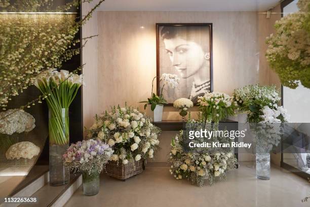 Floral tributes to the designer Karl Lagerfeld inside the headquarters of Paris Fashion House Chanel on February 24, 2019 in Paris, France....