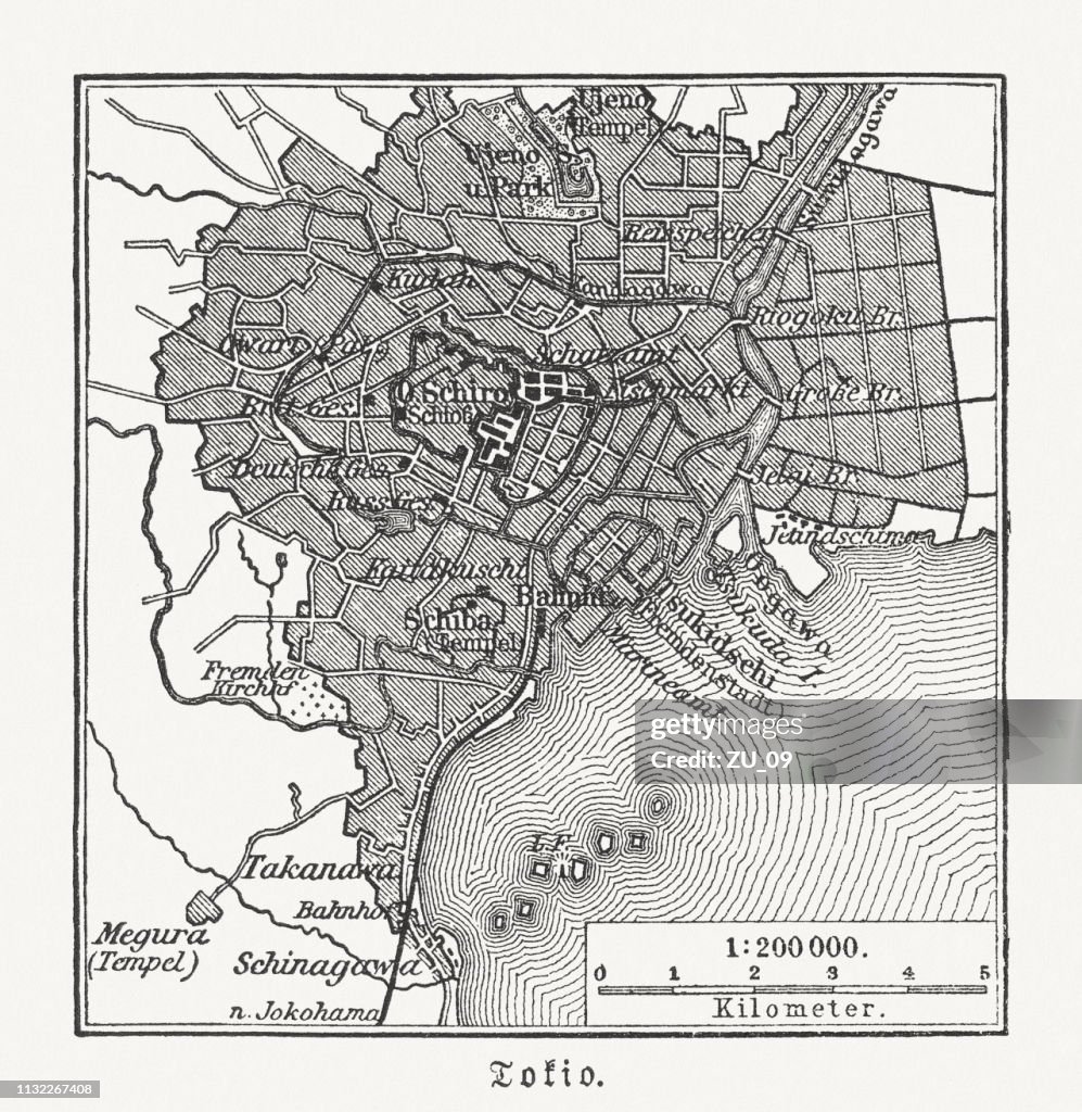 Historical city map of Tokyo, Japan, woodcut, published 1897
