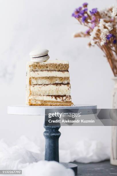 slice of cake with macaron - bandeja de bolo - fotografias e filmes do acervo